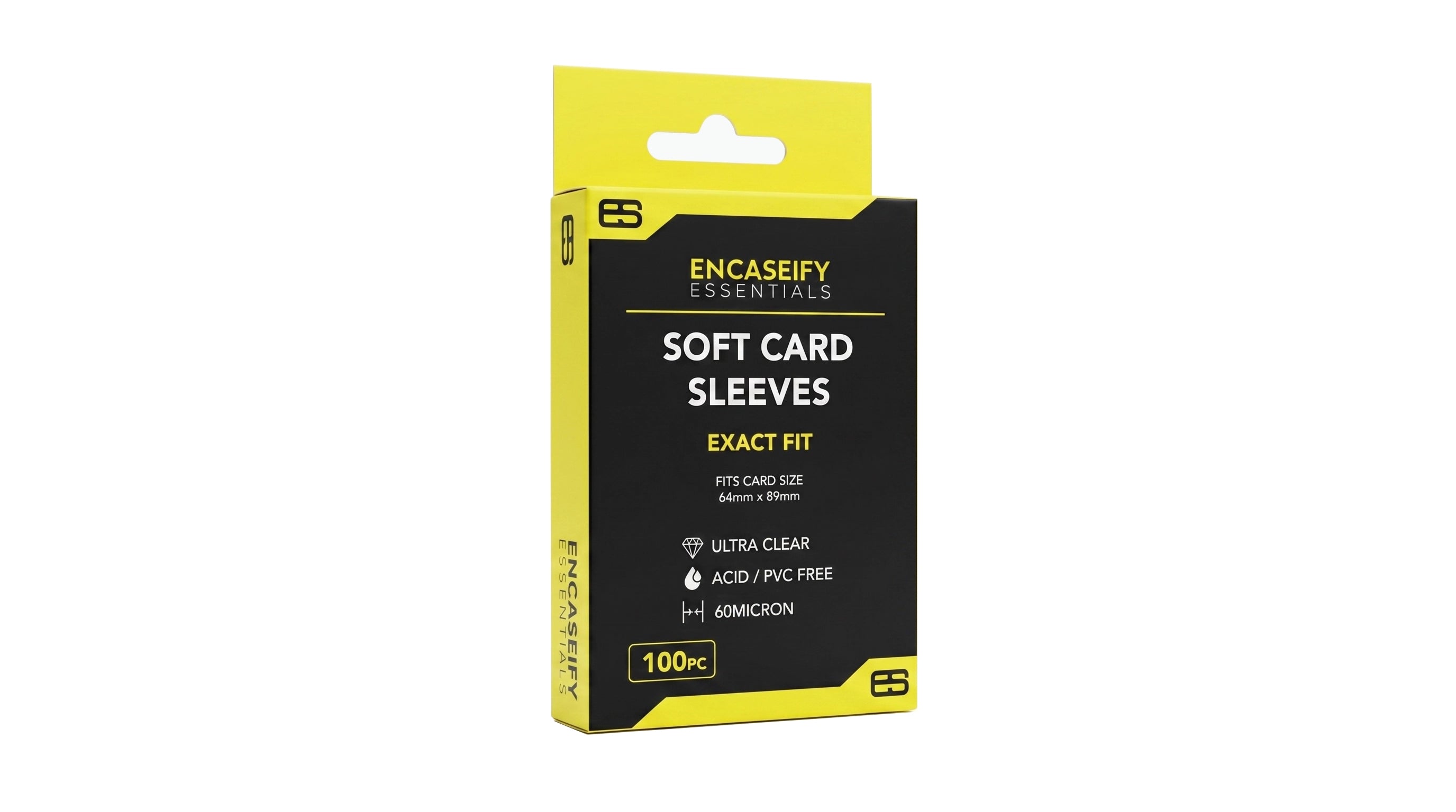 A yellow box of soft card penny sleeves perfect fit that are use for protecting standard trading, collectible, sports, magic, bandai, pokemon cards by Encaseify Essentials range.