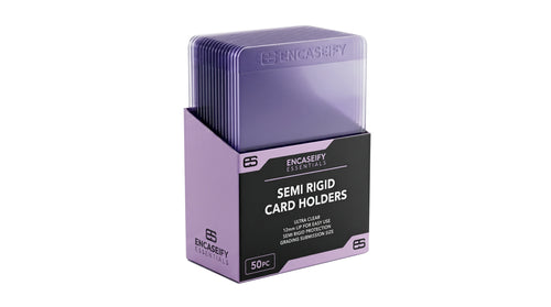 A purple box of semi rigid card savers that are use for protecting standard trading, collectible, sports, magic, bandai, pokemon TCG cards by Encaseify Essentials range.