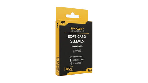 A yellow box of soft card penny sleeves that are use for protecting standard trading, collectible, sports, magic, bandai, pokemon cards by Encaseify Essentials range.