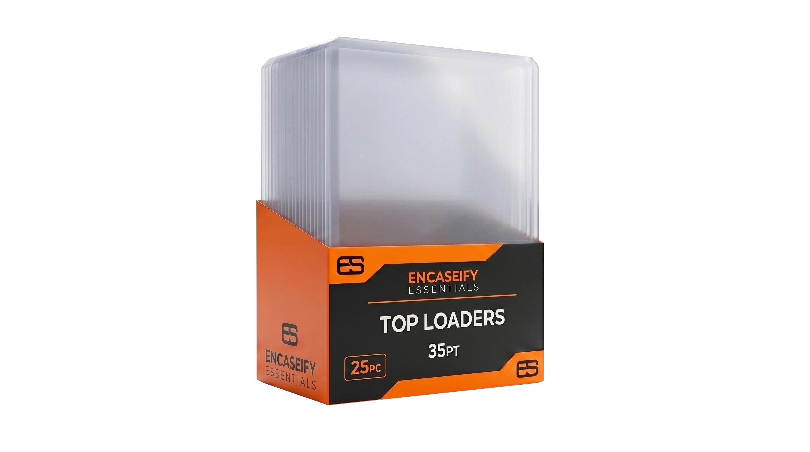 An orange box of top loaders that are use for protecting standard trading, collectible, TCG, sports, magic, bandai, pokemon cards by Encaseify Essentials range.